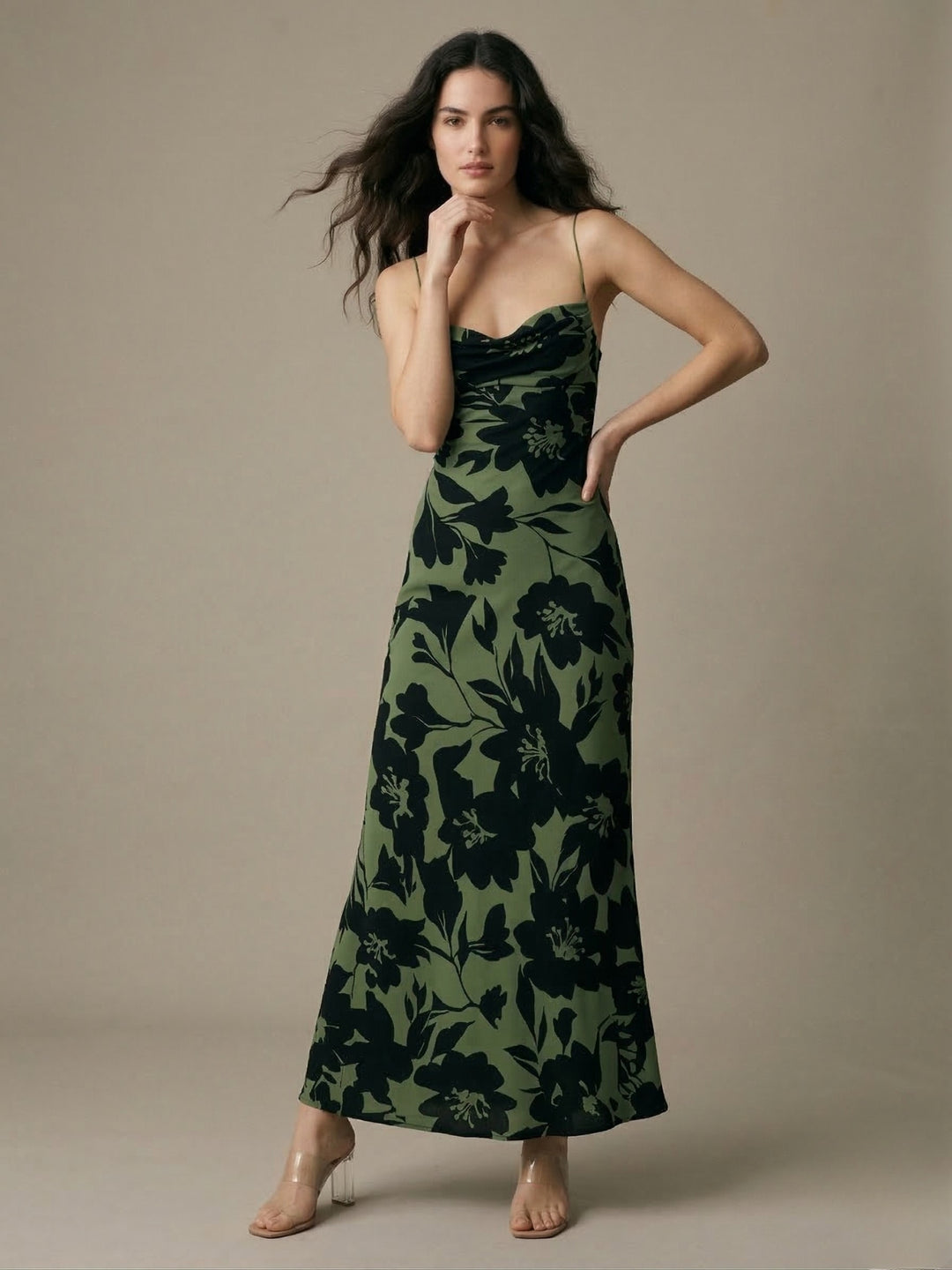 Green Strappy All Over Printed Maxi Dress