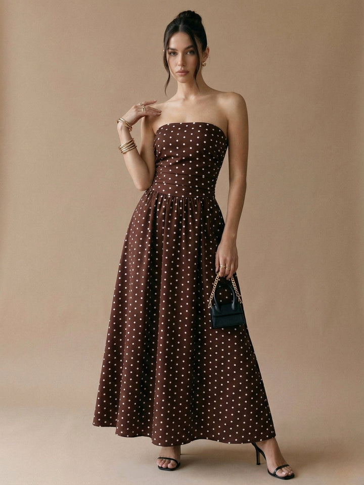 Wine Off Shoulder Polka Printed Dress