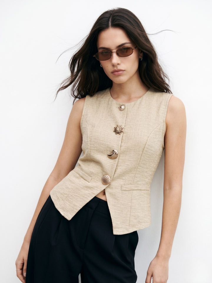 Beige Sleeve Stylized Buttoned Vest