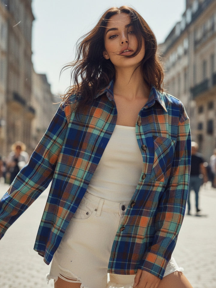 Blue Checkered Front Button Shirt