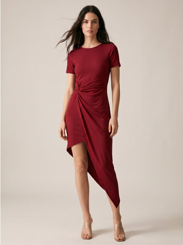 Maroon Short Sleeve Asymmetrical Hem Dress