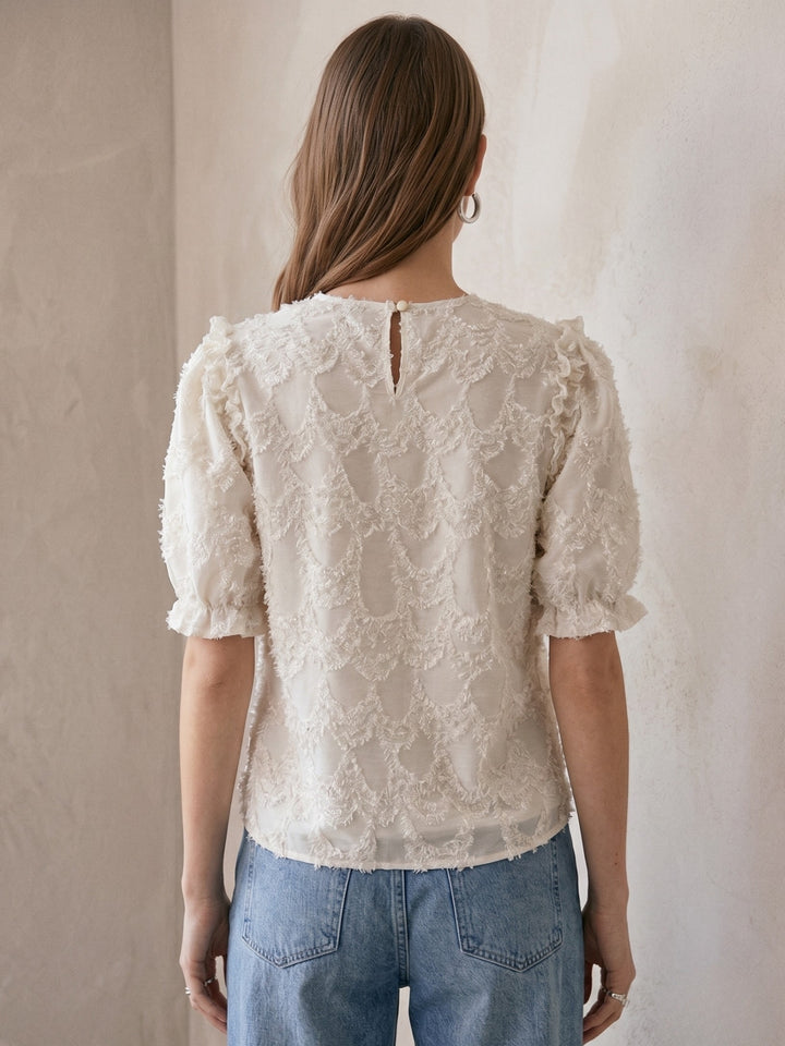 Off White Puff Sleeve Burn-Out Fabric Top