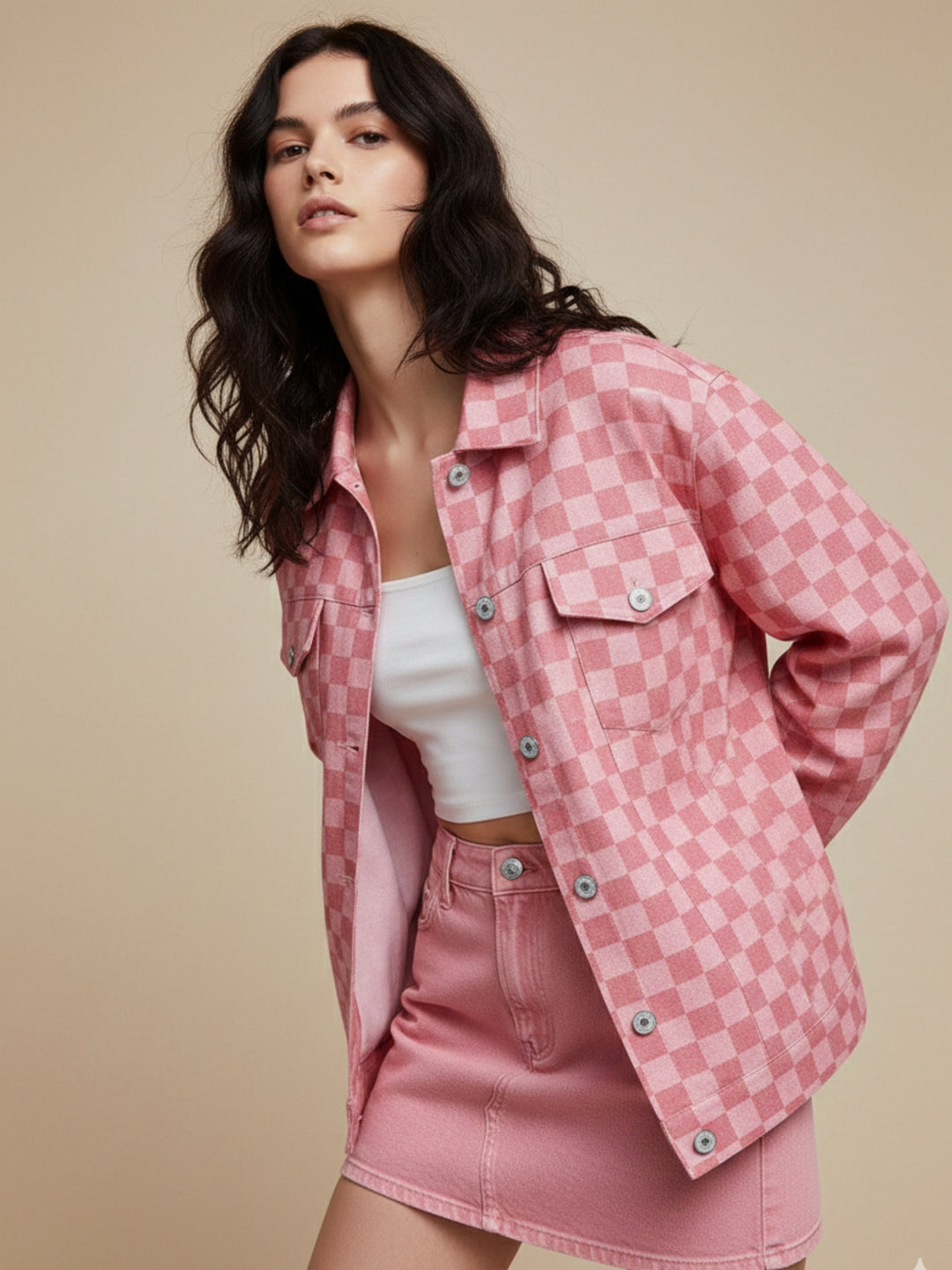 Pink Tonal Checkered Oversized Jacket