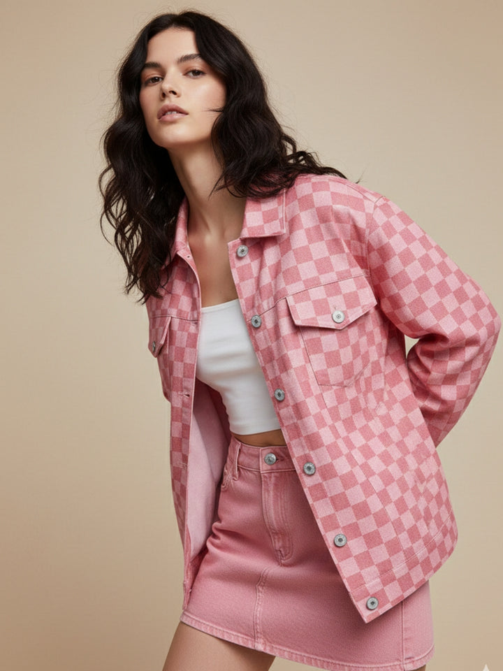Pink Tonal Checkered Oversized Jacket