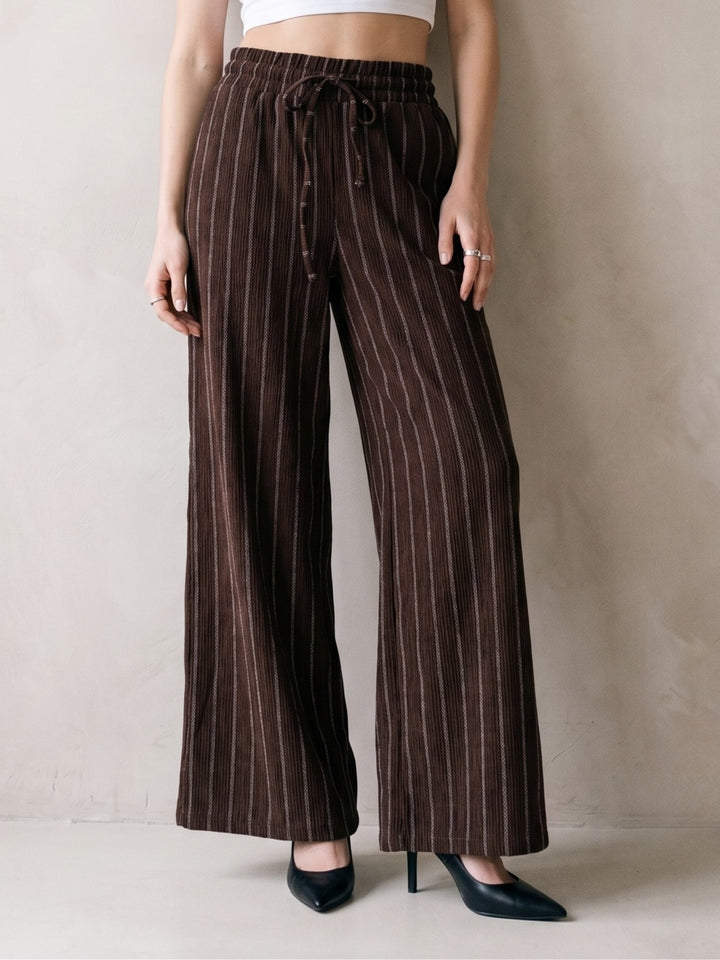 Brown High Waisted Elasticated Waistband Stripped Trousers
