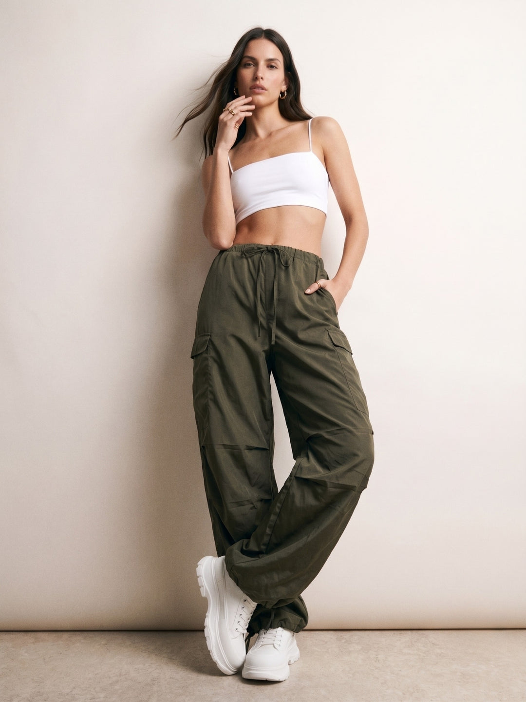Olive Cargo Styled Parachute Pants