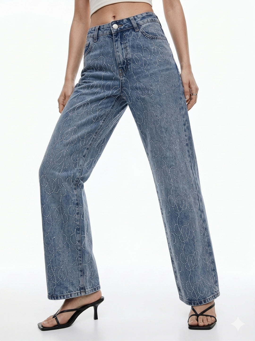 Light Blue Studded Wide Leg Jeans