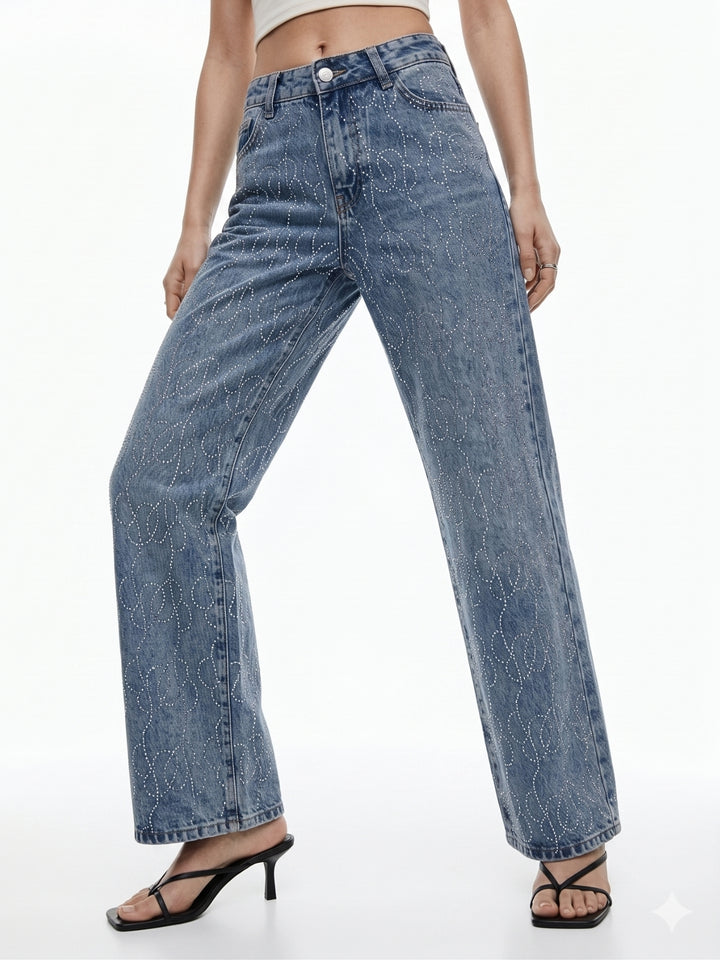 Light Blue Studded Wide Leg Jeans