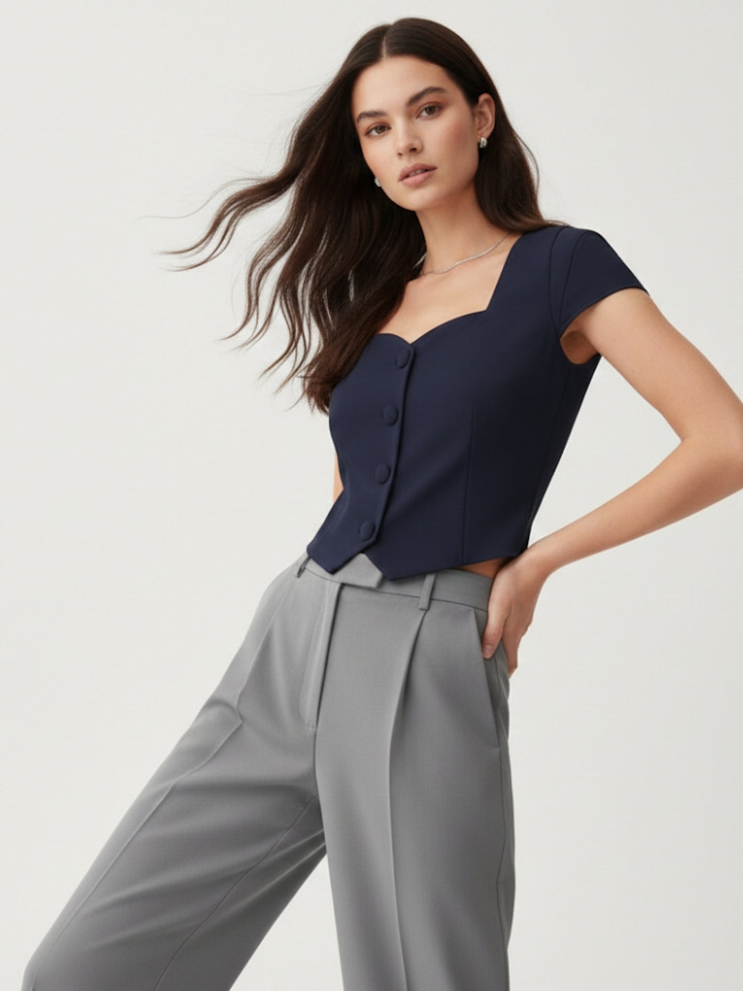 Blue Front Button Top