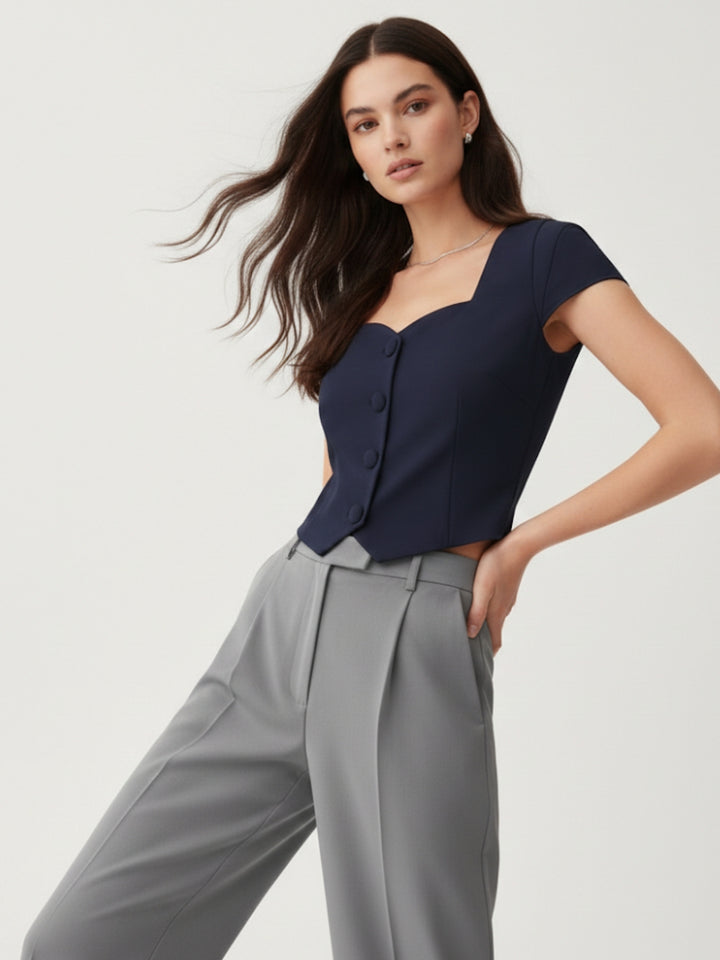 Blue Front Button Top
