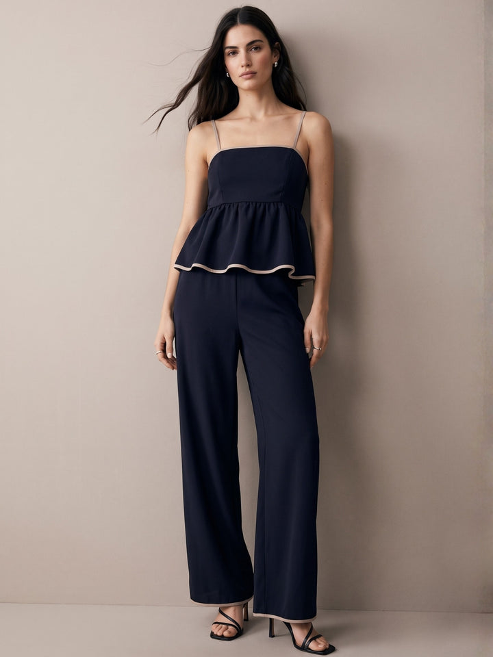 Navy Blue Strappy Peplum Top With Trousers Co-Ord Set