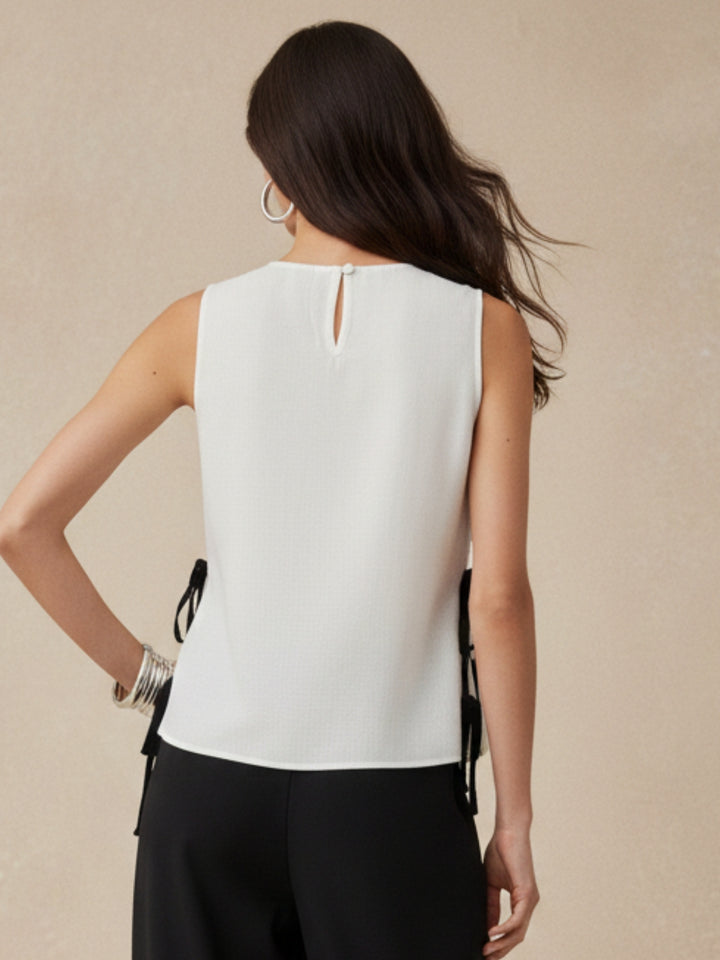 Off White Printed Floral Bouse With Tie Up Bow Detail