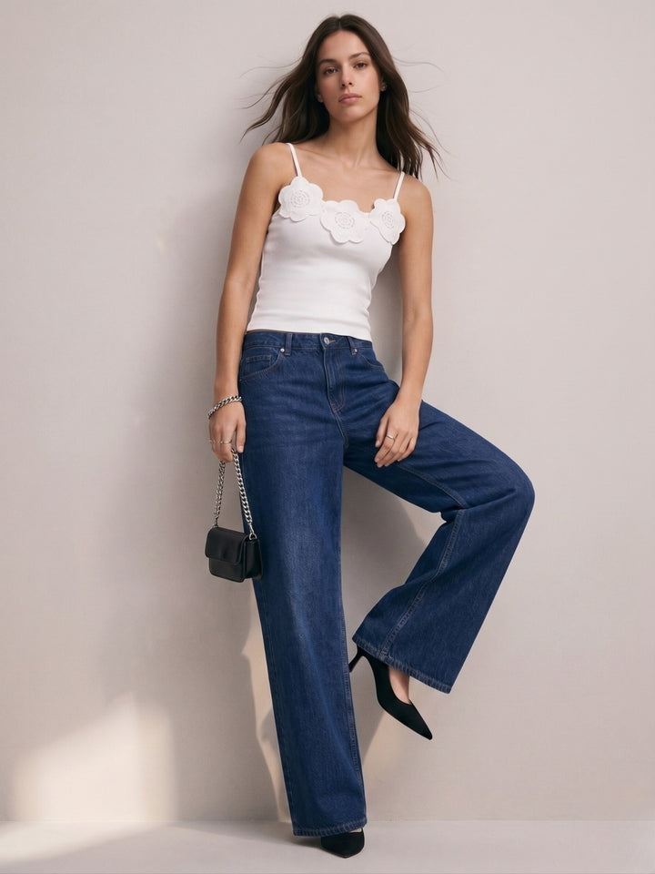 White Scoop Neck Camisole With Floral Corsages