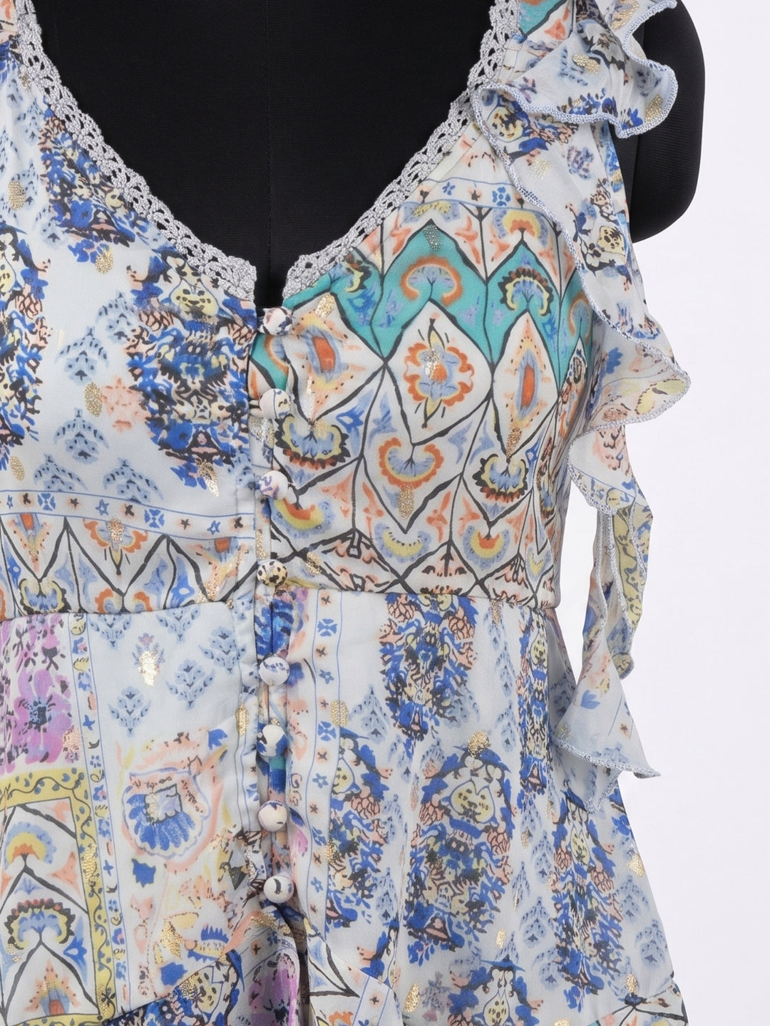 Blue Asymmetric Hemline Printed Blouse