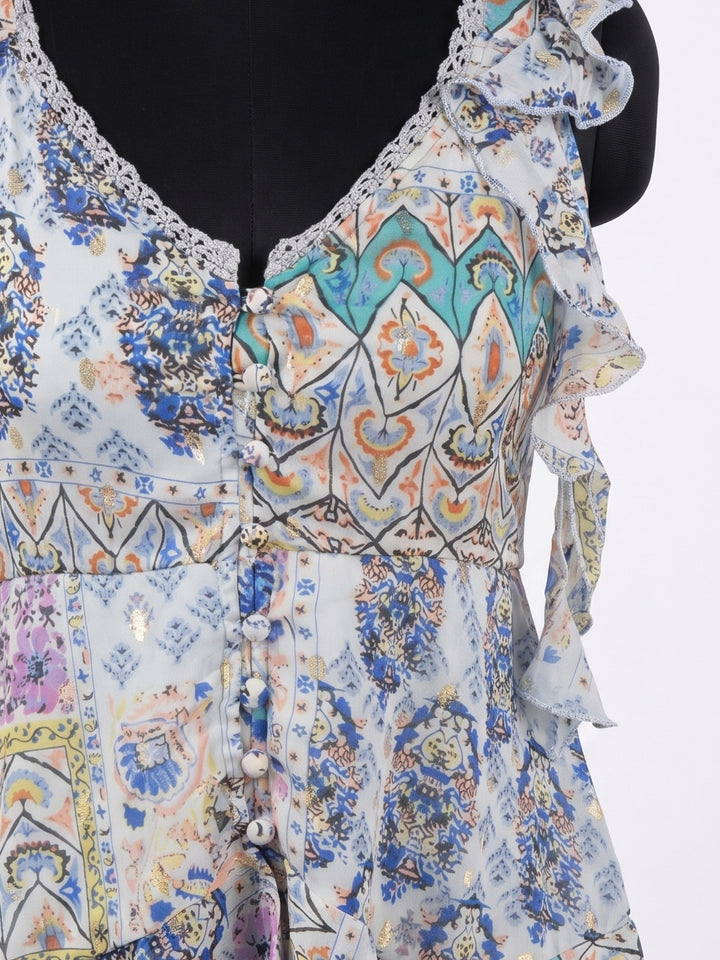 Blue Asymmetric Hemline Printed Blouse