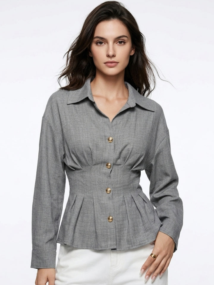 Grey Full Sleeves Front Pleated Shirt
