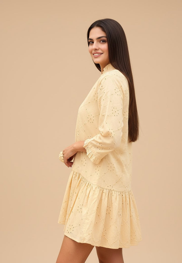 Beige Schiffli Mandarin Collar Ruffle Hem Dress