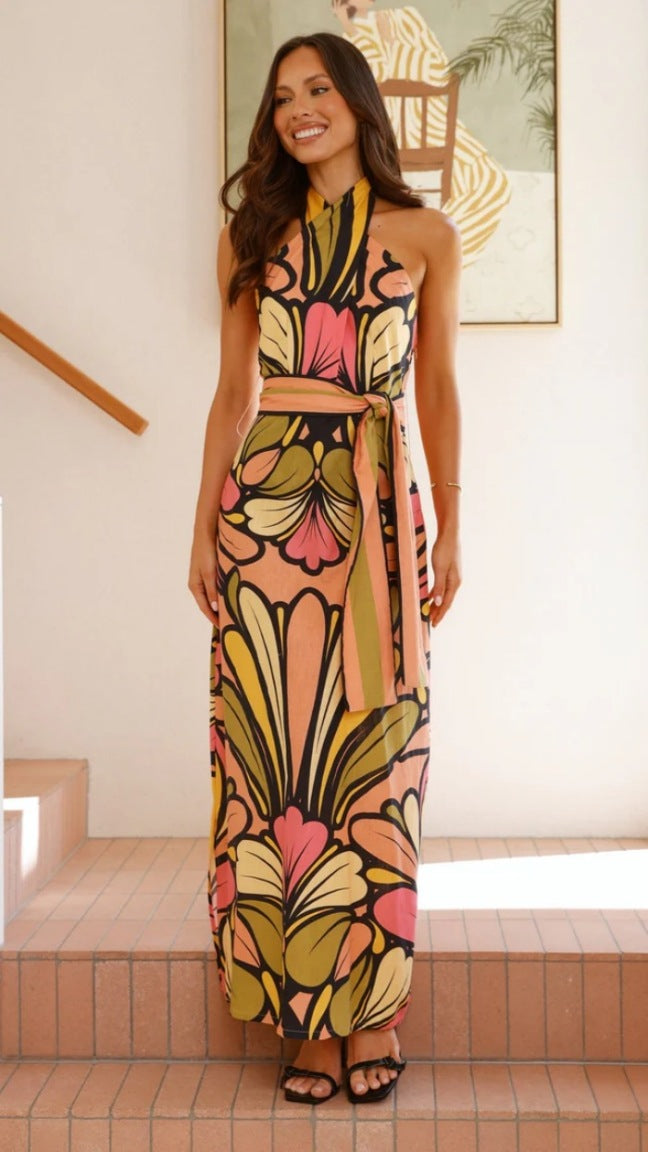 Orange Abstract Printed Cross Halter Neck Dress
