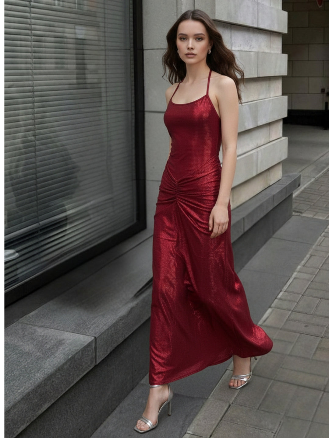 Burgundy Strappy Shimmer Evening Dress