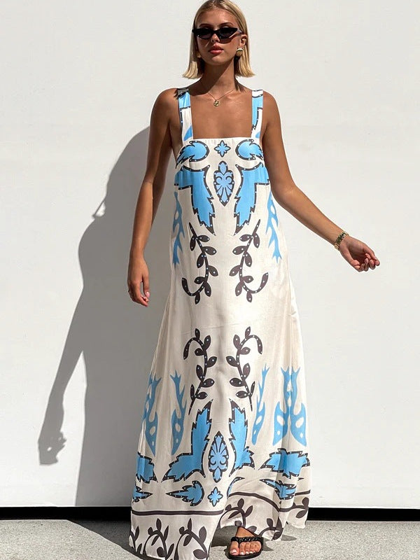 Light Blue Shoulder Strap Abstract Printed Dress
