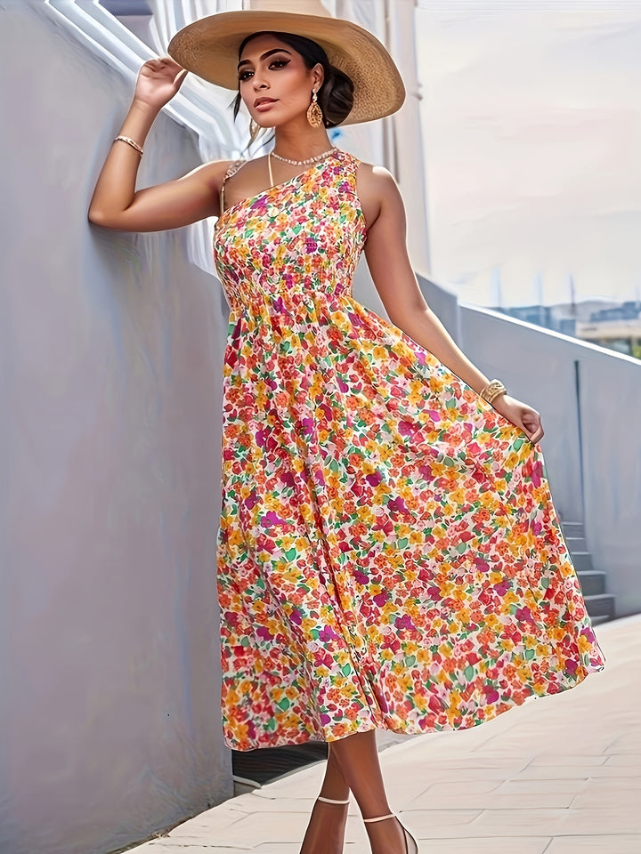 Orange One Shoulder Floral Printed Dress