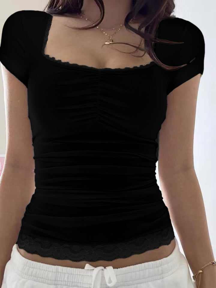 Black Square Neck Top With Lace Inserts