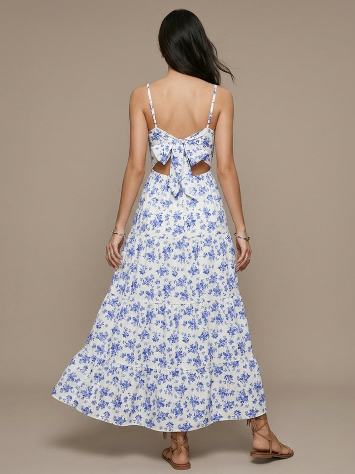 Blue Spaghetti Strap Tiered Floral Dress