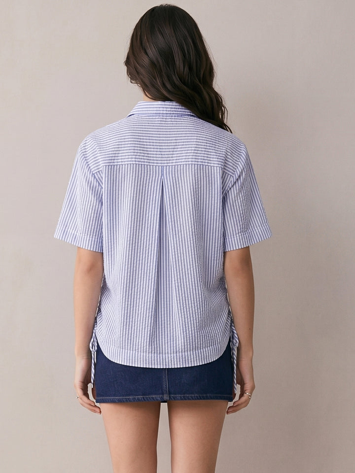 Dark Blue Boxy Shirt With Side Ruching Detail