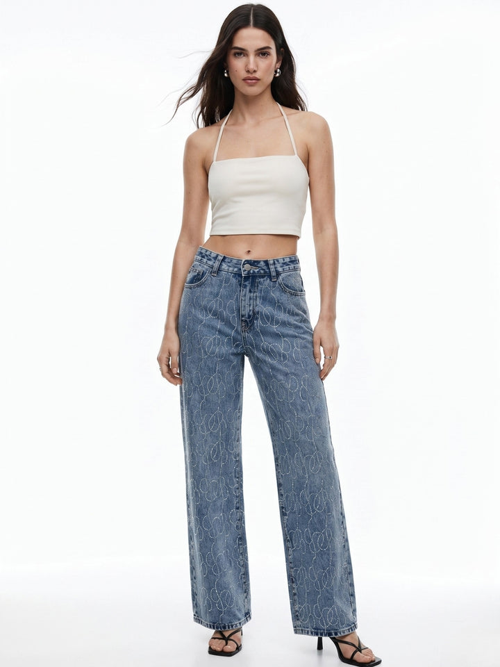 Light Blue Studded Wide Leg Jeans