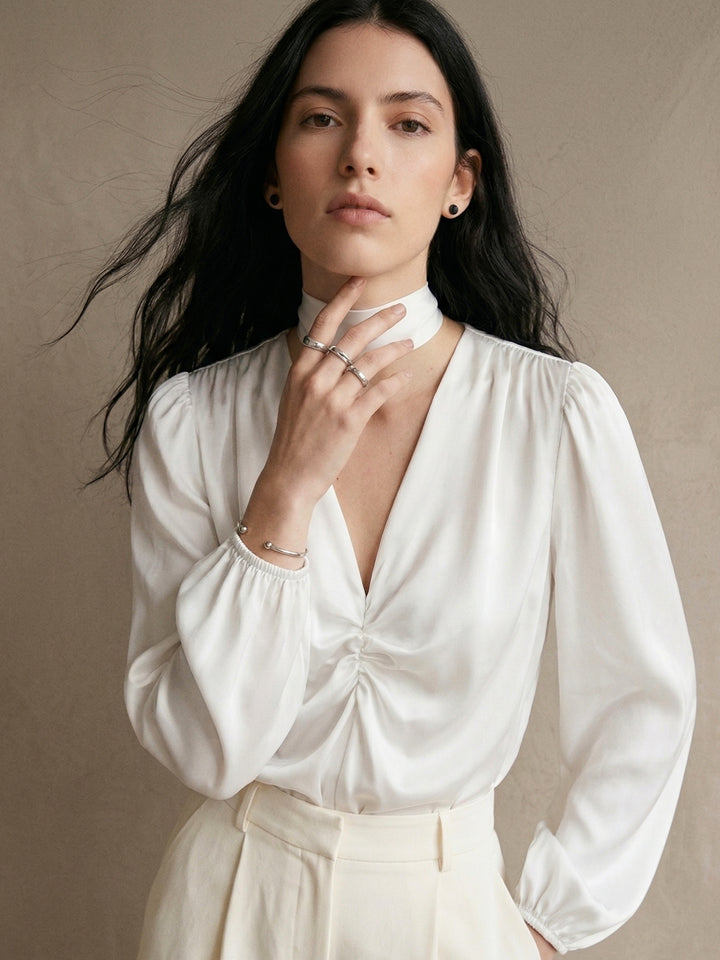 White Plunge Neck Relaxed Peplum Top