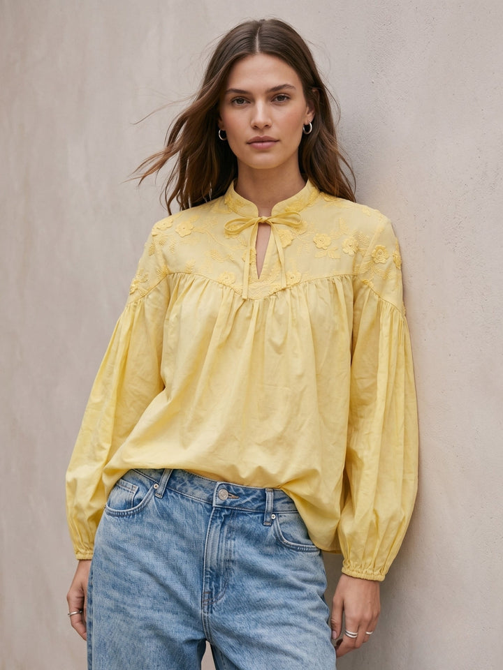 Yellow High Neck Textured Tie Up Relaxed Blouse
