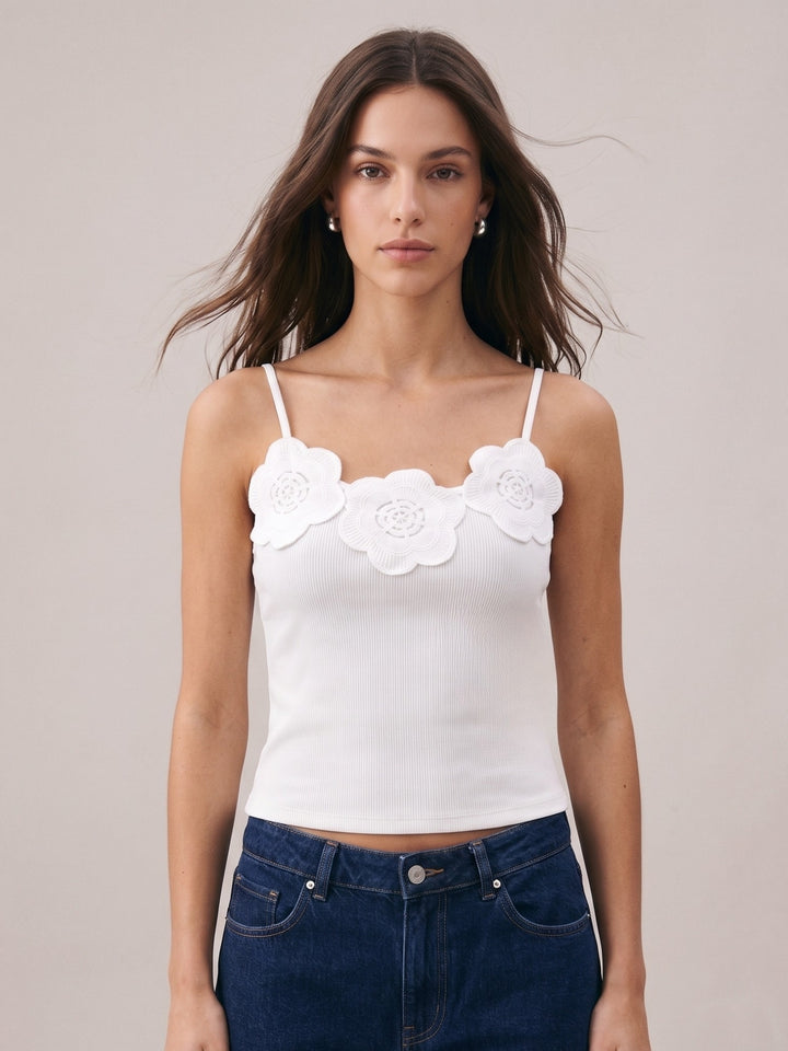 White Scoop Neck Camisole With Floral Corsages