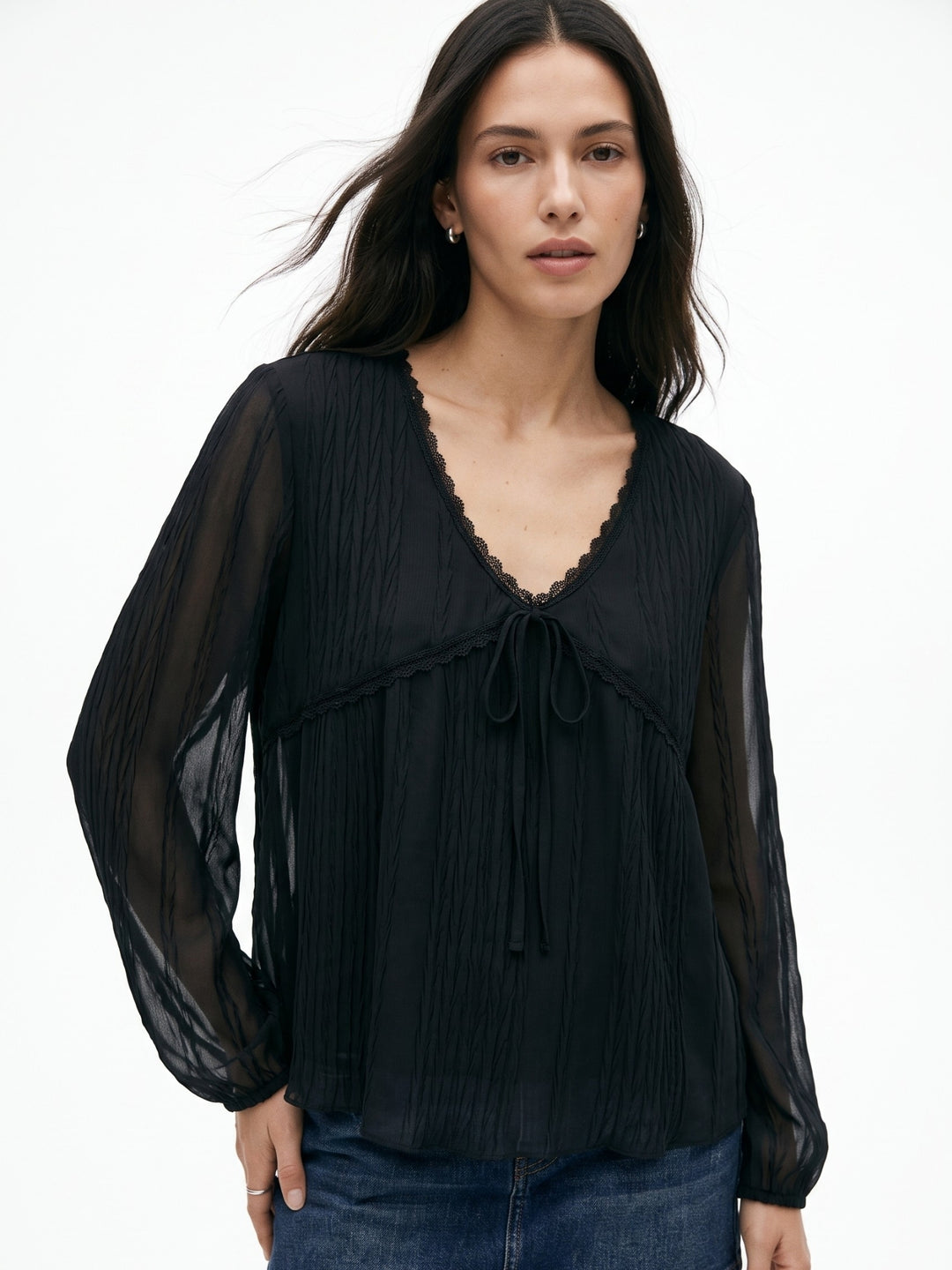 Black Full Sleeve Ruffle Neckline Textured Top