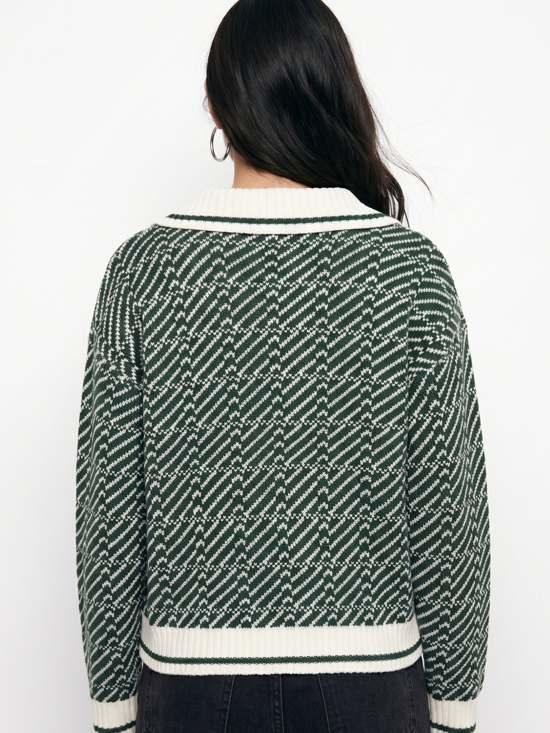 Green Geometric Jacquard Polo Sweater