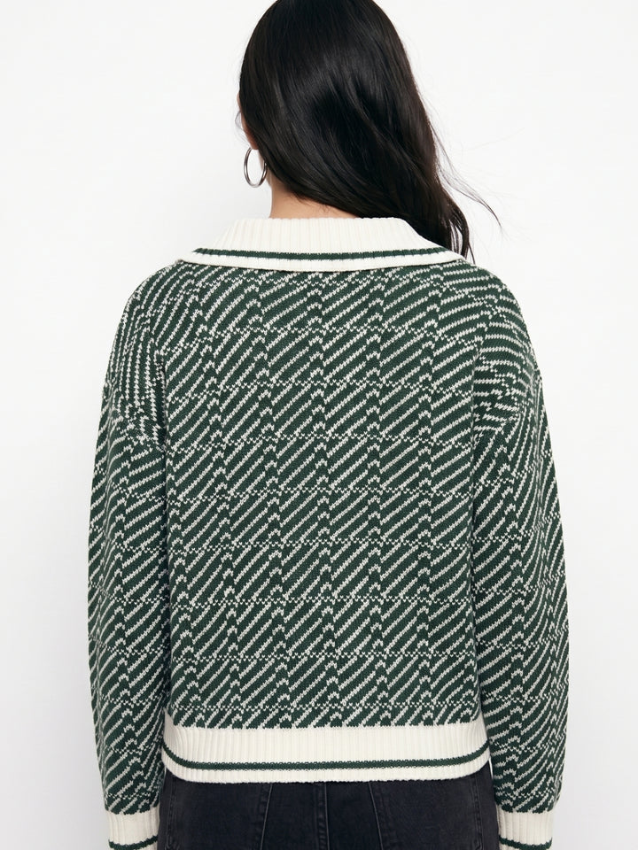 Green Geometric Jacquard Polo Sweater