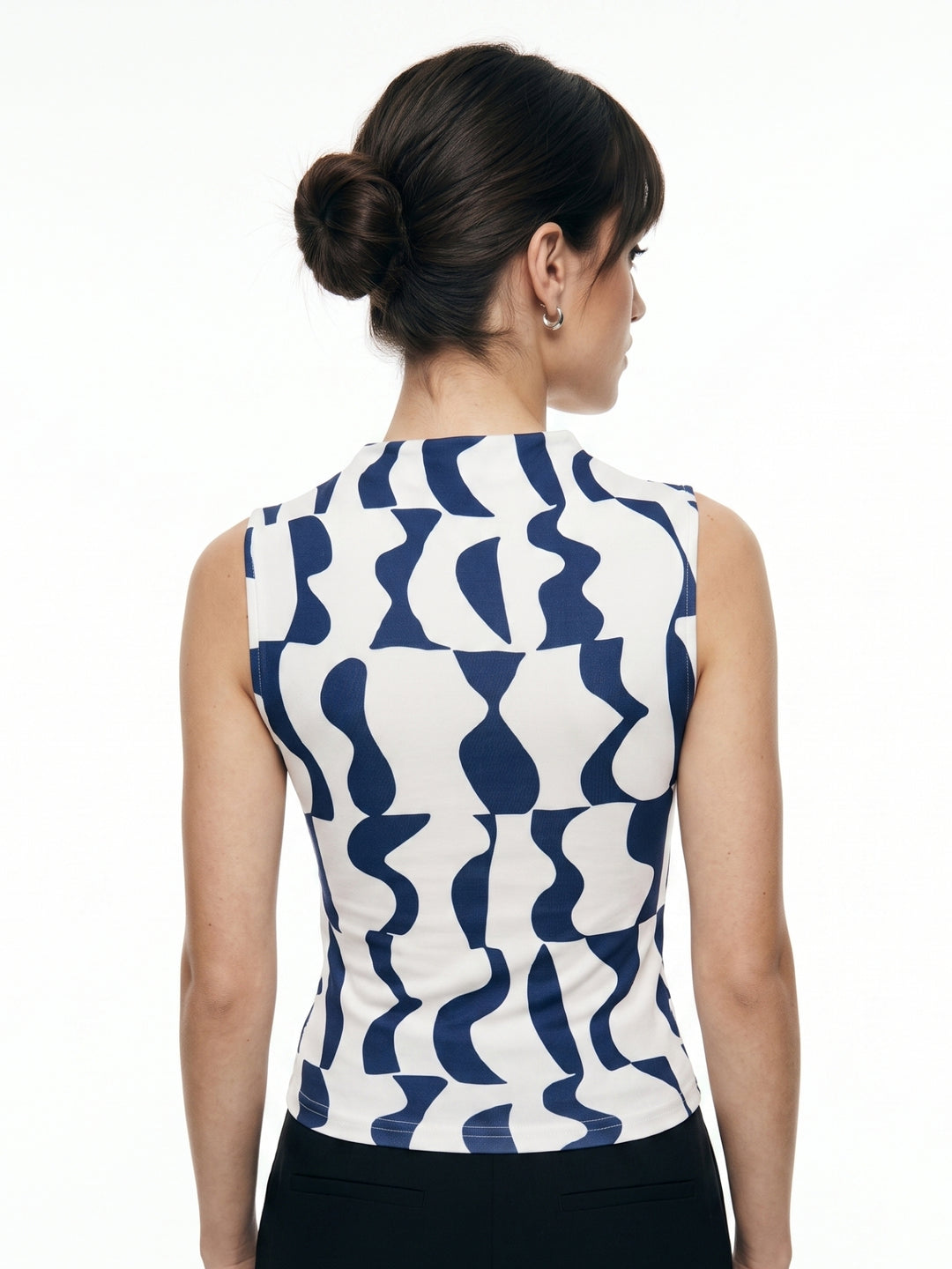 Navy Blue High Neck Geometric Printed Top
