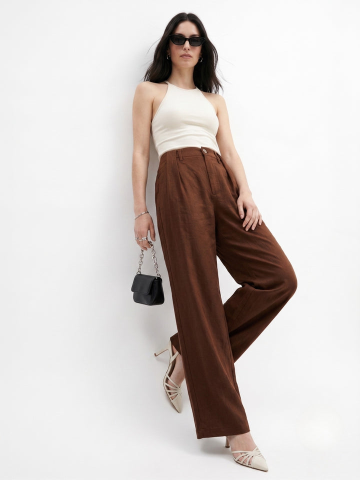 Brown Pleated High Waist Trouser With Belt Detail