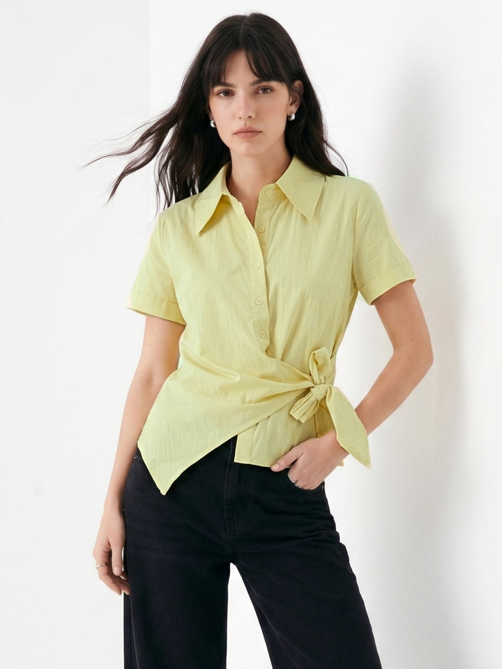 Yellow Button Down Relaxed Shirt With Side Tie Up Detail