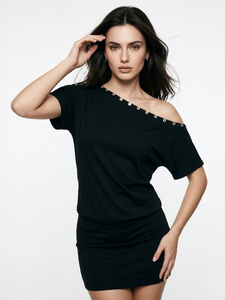 Black Off-Shoulder Studded Mini Dress