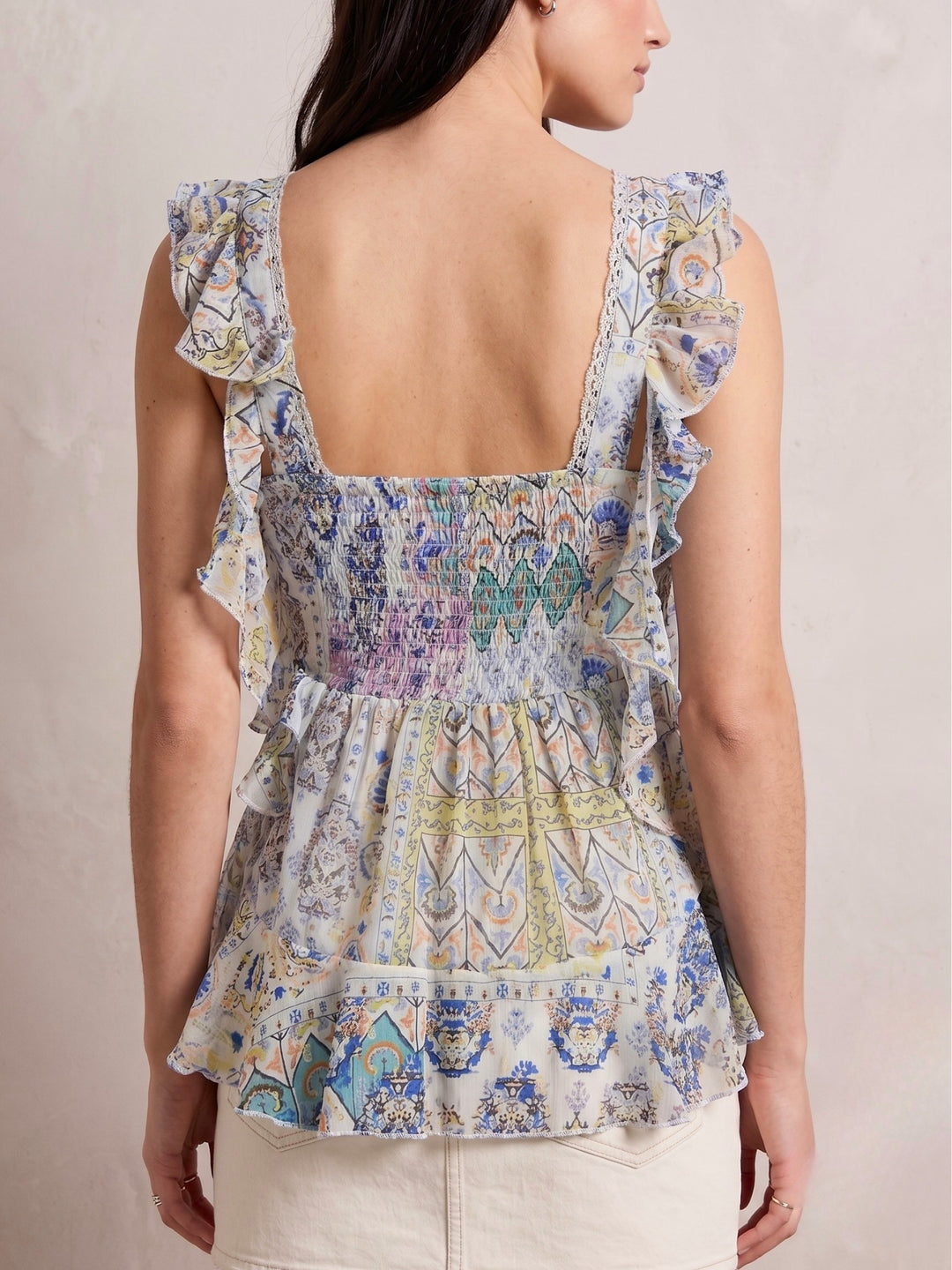 Blue Asymmetric Hemline Printed Blouse