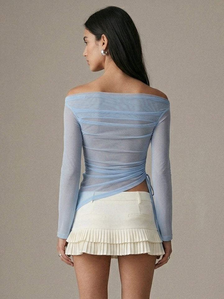 Blue Boat Neck  Asymmetrical Hem Mesh Top