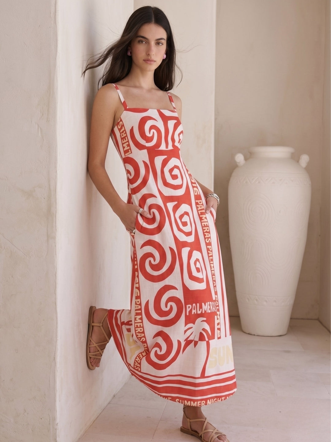 Red Spaghetti Strap Printed Dress