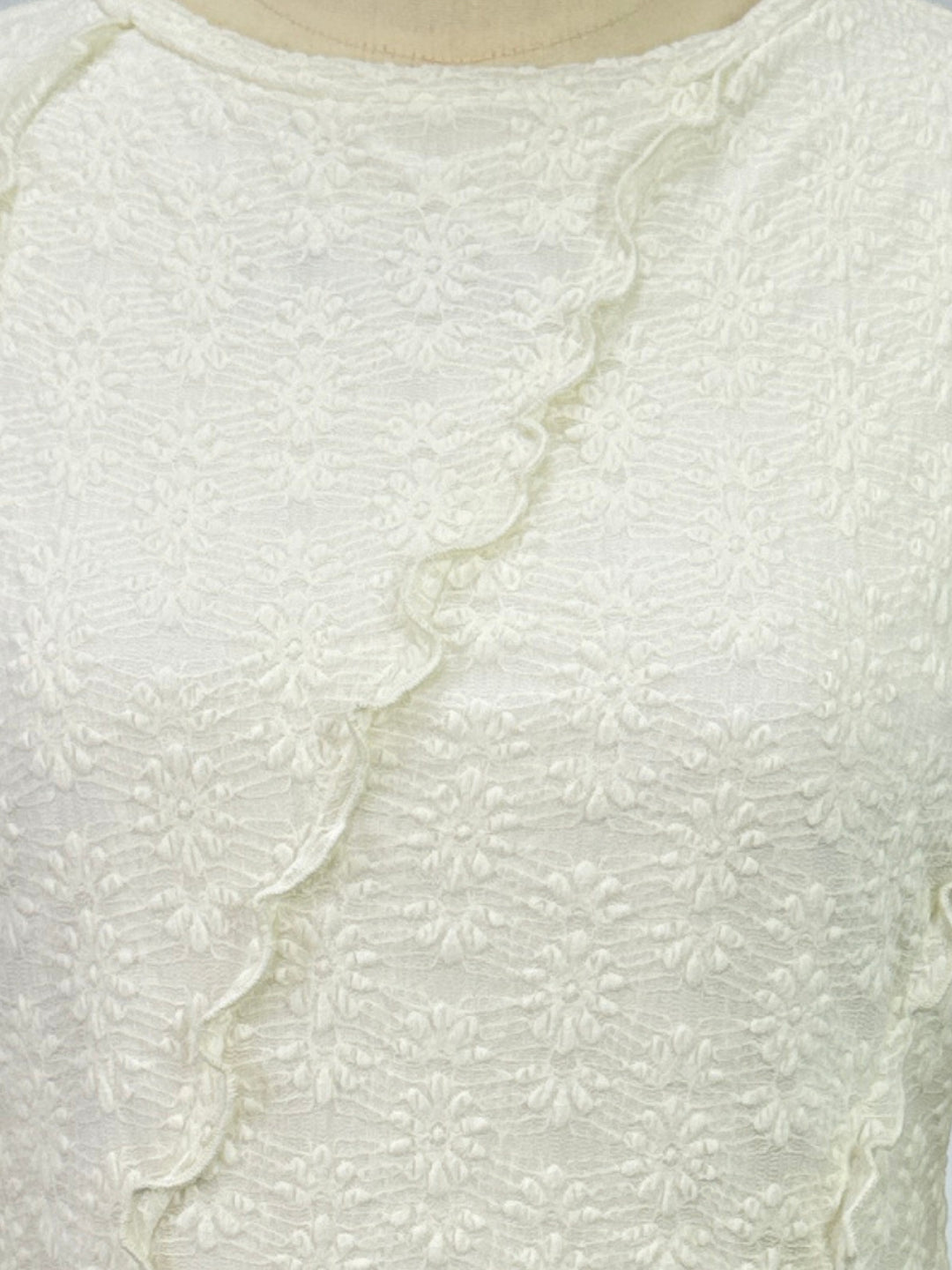 White Textured High Neck Top With Lettuce Hem