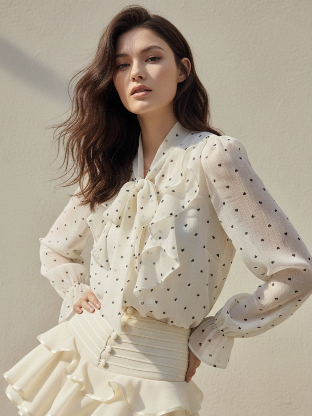 Off White Bishop Sleeve Neck Tie-Up Detail Top