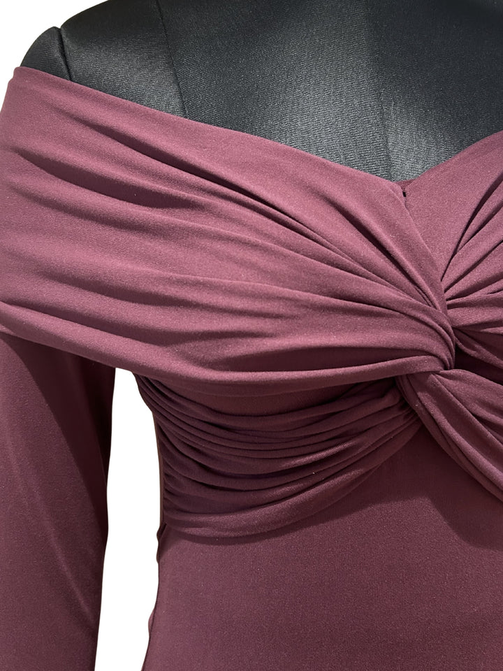 Wine Off-Shoulder Twisted Knot Detailed Top
