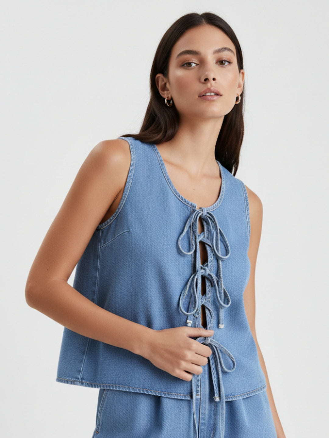 Light Blue Bow Tie-Up Denim Vest