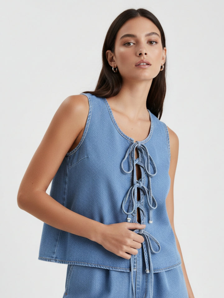 Light Blue Bow Tie-Up Denim Vest