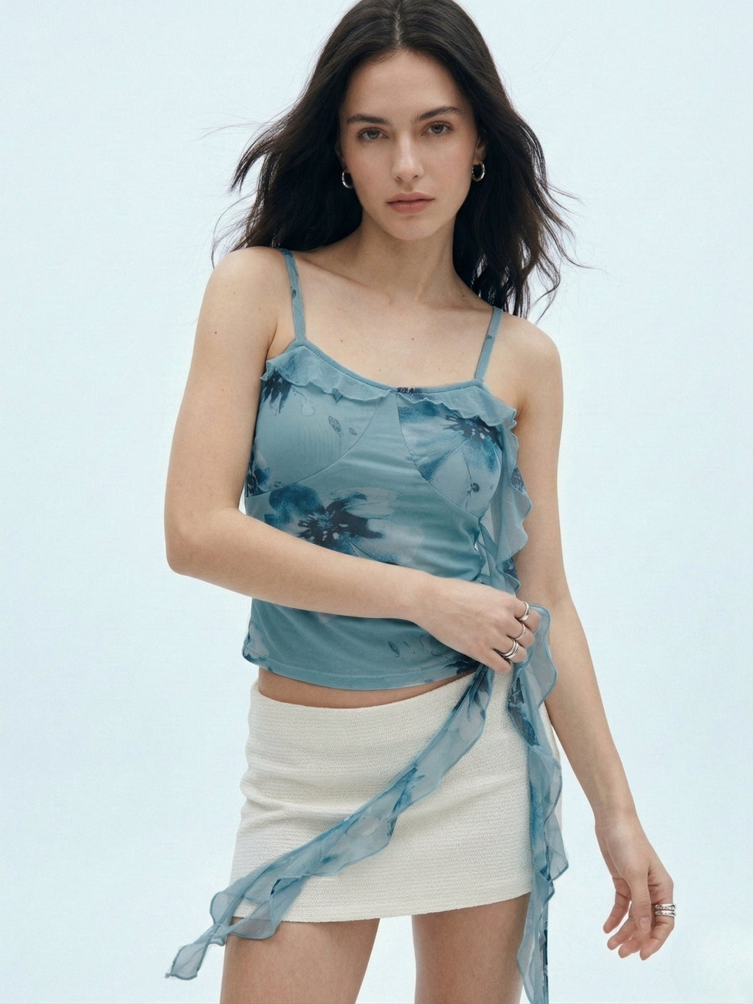 Blue Printed Mesh Cami Top