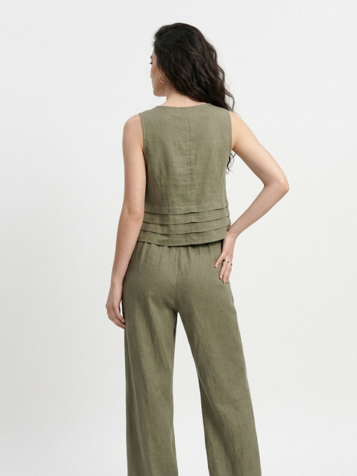 Olive Sleeveless Relaxed Top And Trousers Co-Ord Set