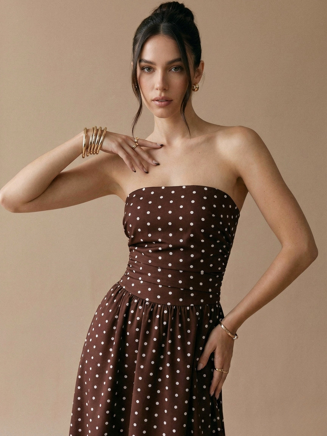 Wine Off Shoulder Polka Printed Dress